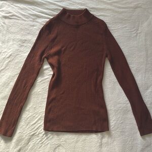 Tight Fitted Brown Ribbed Sweater Turtle Neck